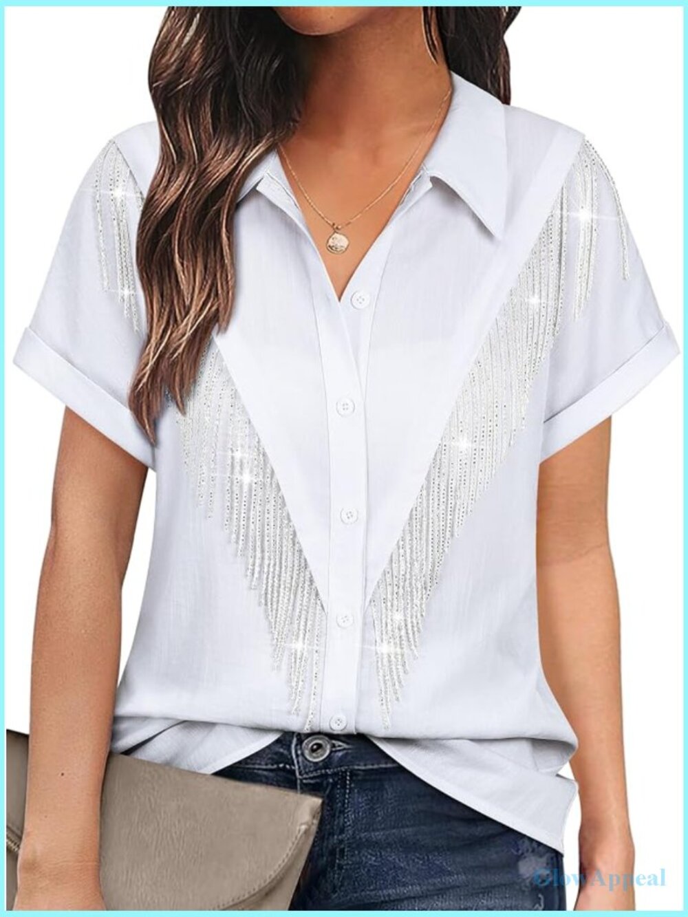 Western Cowgirl Rhinestone Fringe Button Down Short Sleeve Shirt Concert